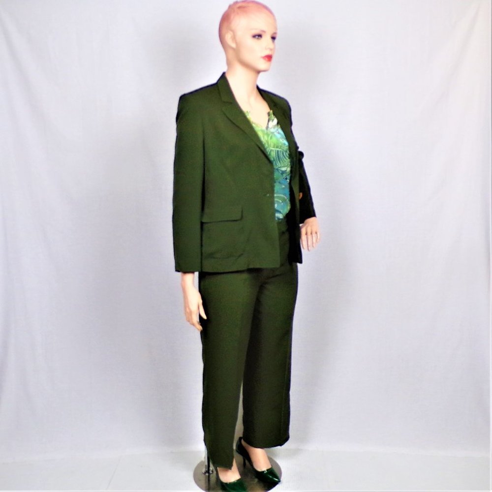 SILK! JOSEPHINE CHAUS size 14 hunter-green 2-piece pant suit 100% silk outer - Picture 2 of 13